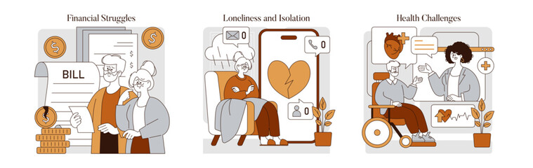 Retirement Challenges. Flat Vector Illustration
