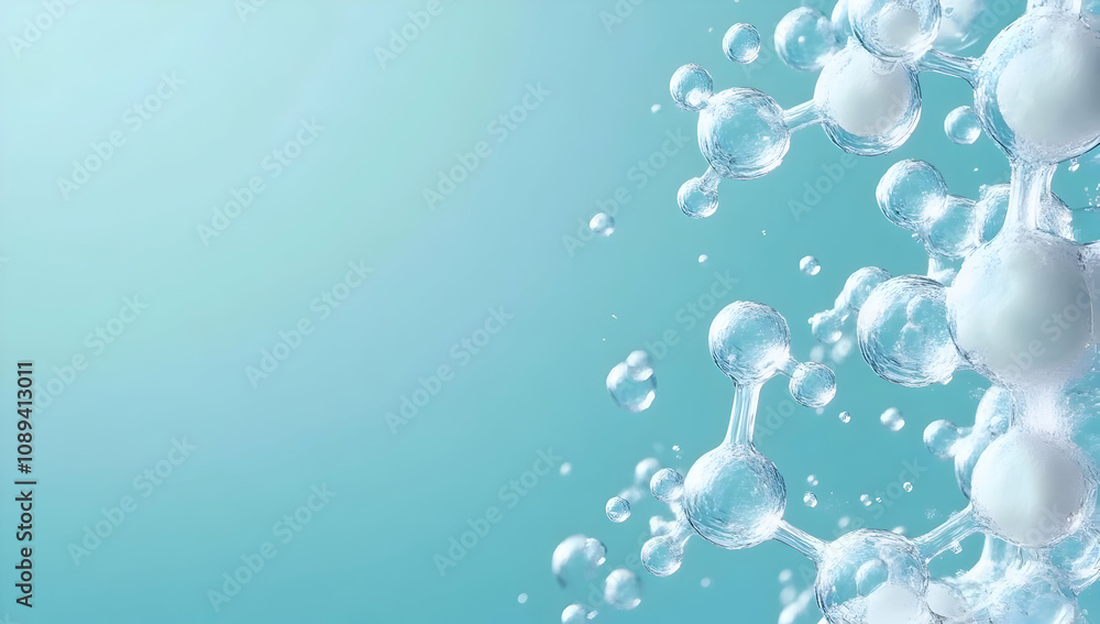 Poster abstract 3d rendering of translucent molecules against a teal background, ideal for science, technol