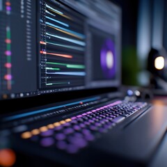 modern workspace with computer and colorful keyboard for digital creativity
