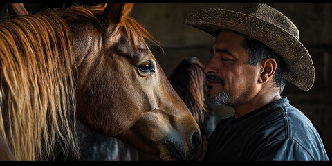 Hispanic man working with horses in a stable, brushing their manes as they nuzzle against him affectionately.