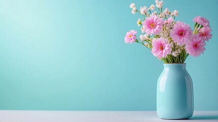 Naklejka premium A beautiful bouquet of pink flowers in a modern blue vase against a soft turquoise background.
