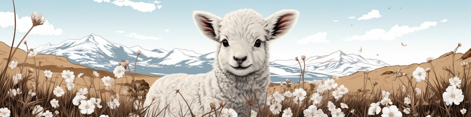Fototapeta premium Adorable lamb gazing serenely across a picturesque landscape of mountains and wildflowers. A peaceful scene.