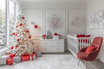 Cozy White Christmas Nursery with Red and Gray Decor