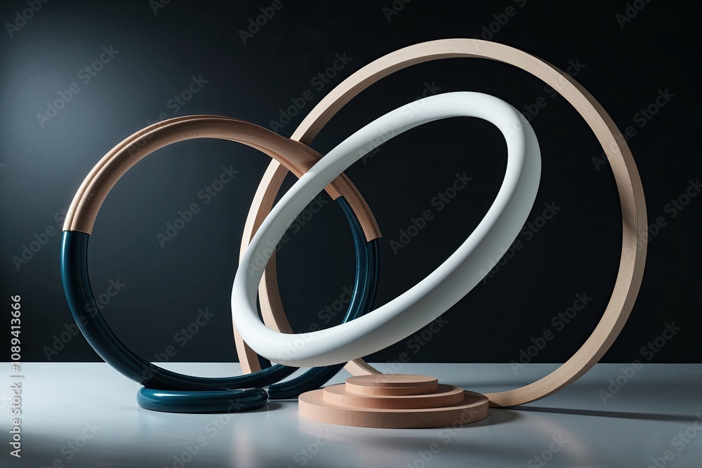 Poster expressive curve constructs against a dark illusion backdrop in 3d arrangement