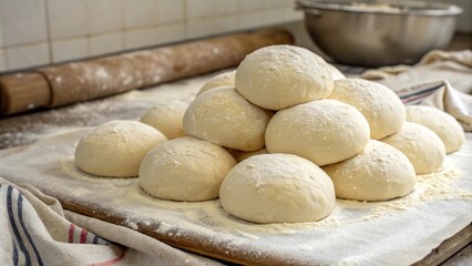 Obraz premium Round bread doughs piled high in a flour-dusted couche cloth, proofing, natural light, fermentation, yeast, bakery