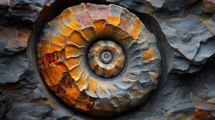 Fototapeta premium A close-up of a fossilized ammonite showcasing intricate patterns and colors in rock.