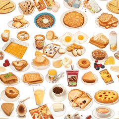 The image is a colorful and vibrant illustration featuring a variety of breakfast foods. The background is white, which makes the colorful foods pop out.,There are many different types of breakfast fo