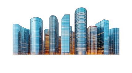 Modern skyscrapers of a smart city, futuristic financial district, graphic perspective of buildings and reflections - Architectural blue background for corporate and business brochure template