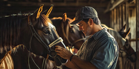 Hispanic man working with horses in a stable, brushing their manes as they nuzzle against him affectionately.