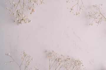 Elegant Floral Frame Border with White floral branch on  white marble background. Invitation, greeting card. Copy space, mock up template. Flat lay, top view, minimal composition.