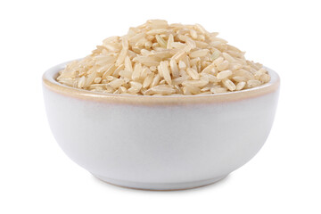Raw rice in bowl isolated on white