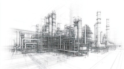 Fototapeta premium A wireframe illustration of an industrial facility showcasing complex piping and structures.