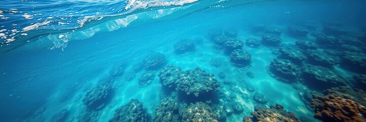 Fototapeta premium Seawater ocean wave flowing over the coral reef, coral formation, wave movement, surf