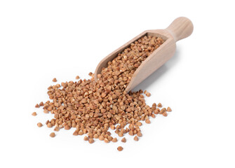 Raw buckwheat in wooden scoop isolated on white