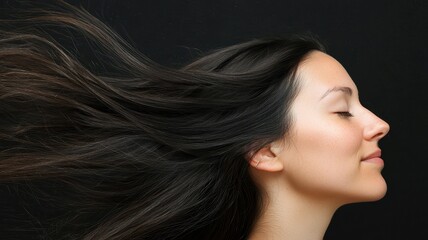 Fototapeta premium A side profile of a woman with long, flowing dark hair, captured in motion against a dark background.