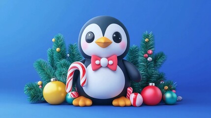 Fototapeta premium Cute Plush Toy Penguin with Bow Tie and Candy Cane on Plain Background
