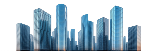 Modern skyscrapers of a smart city, futuristic financial district, graphic perspective of buildings and reflections - Architectural blue background for corporate and business brochure template