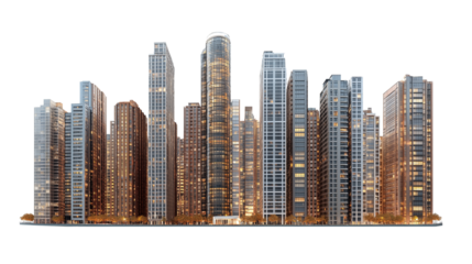 Modern skyscrapers of a smart city, futuristic financial district, graphic perspective of buildings and reflections - Architectural blue background for corporate and business brochure template