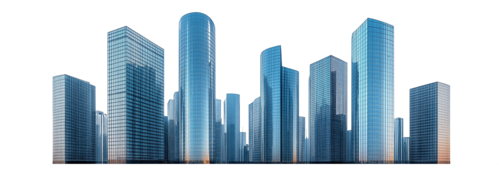 Modern skyscrapers of a smart city, futuristic financial district, graphic perspective of buildings and reflections - Architectural blue background for corporate and business brochure template
