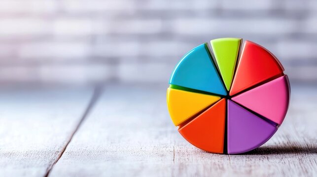 Colorful pie chart on wooden table with blurred background, representation of data visualization.