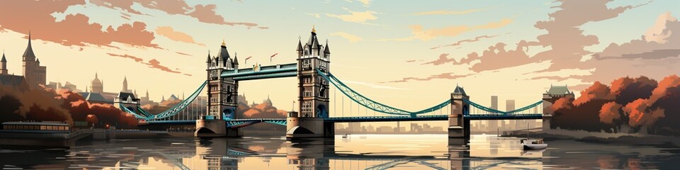 Obraz premium A majestic bridge at sunset, with warm hues reflecting on the water. Boats glide beneath the iconic landmark, adding to the serene cityscape.