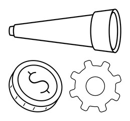 Telescope, coin with dollar sign, and gear in simple outlines. Ideal for finance, strategy, investment planning analysis innovation. Line metaphor. Line metaphor. Simple line icons