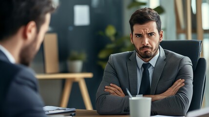 Serious business meeting with two professionals discussing challenging issues in modern office.