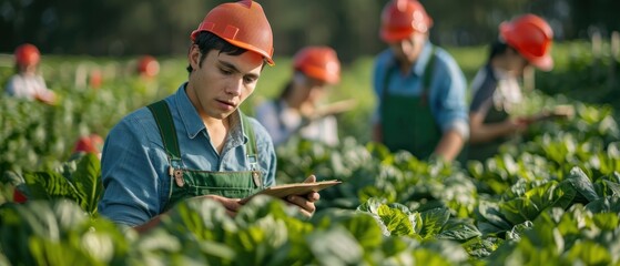 High-tech farm with robots and humans managing agriculture