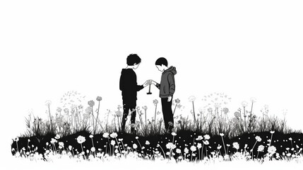 Two children, one in a black hoodie and the other in gray, exchange a small object in a field of flowers.