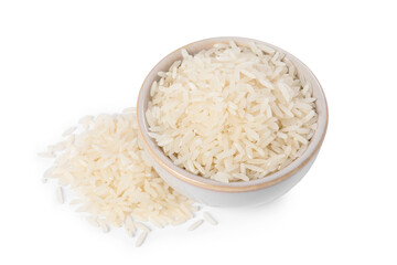 Raw rice in bowl isolated on white