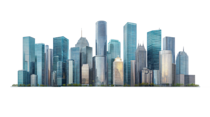 Modern skyscrapers of a smart city, futuristic financial district, graphic perspective of buildings and reflections - Architectural blue background for corporate and business brochure template