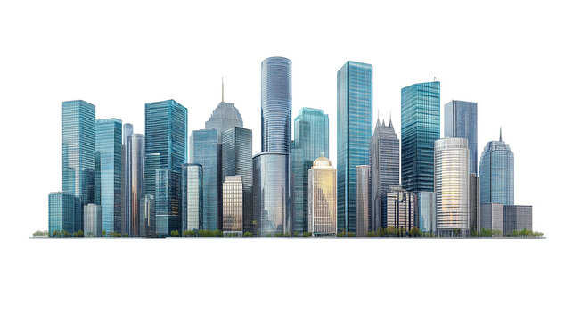 Modern skyscrapers of a smart city, futuristic financial district, graphic perspective of buildings and reflections - Architectural blue background for corporate and business brochure template - Powered by Adobe