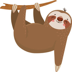 Cartoon illustration of a cute sloth hanging upside down from a tree branch, smiling and enjoying a peaceful moment in nature © Tartila
