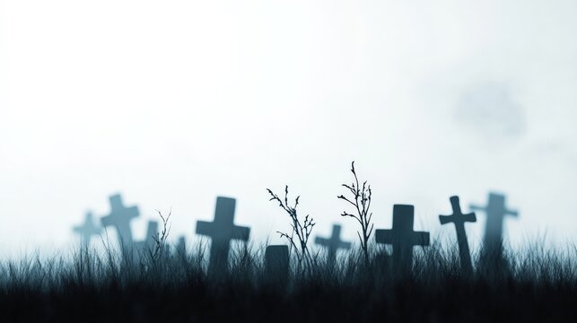 silhouetted gravestones in a misty graveyard at dusk