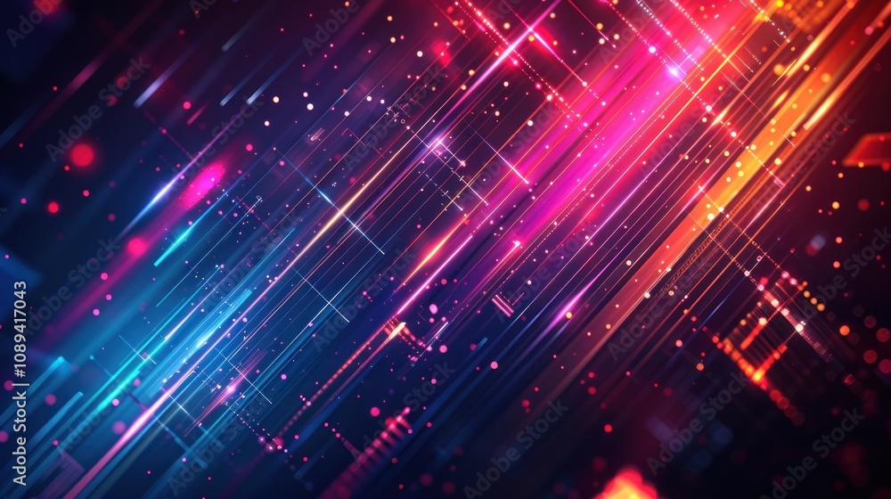 Poster abstract colorful glowing lines and particles background.