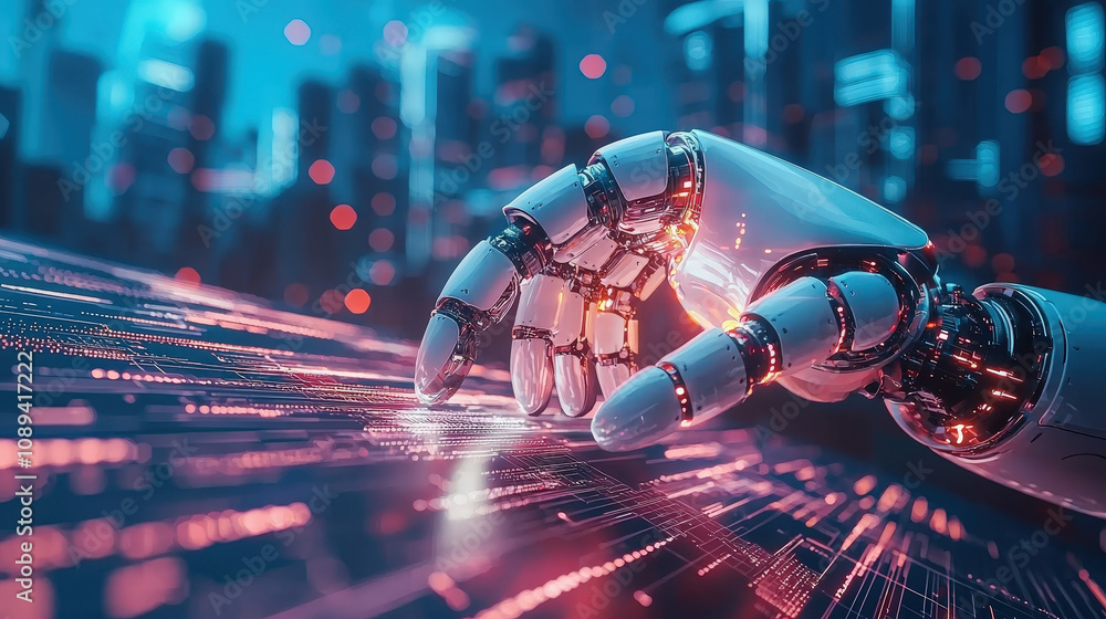 Poster futuristic robotic hand interacting with digital data in cityscape. scene conveys innovation and tec