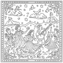 A lively music festival with performers, coloring page for kids, simple outline illustration. Coloring book, simple lines.