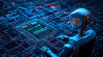 futuristic robot interacts with digital interface, showcasing advanced technology and artificial intelligence in high tech environment