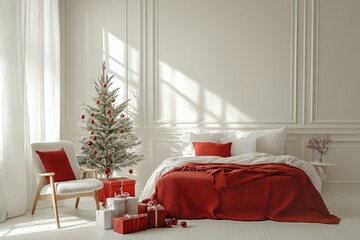 Minimalist white and red Christmas bedroom with small tree, gifts, and chair. Simple, festive decor with cozy atmosphere.