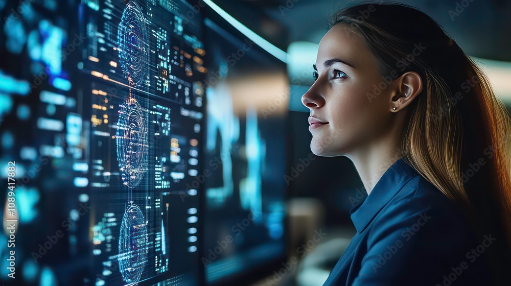 Poster a young woman looking at a large screen with data visualizations.
