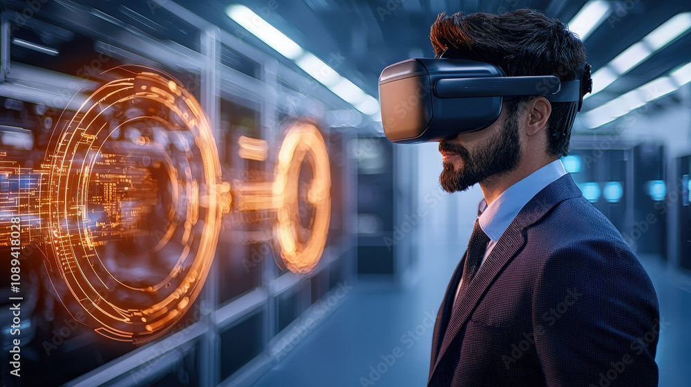 Aufkleber man wearing virtual reality headset explores digital twin technology, visualizing manufacturing proc