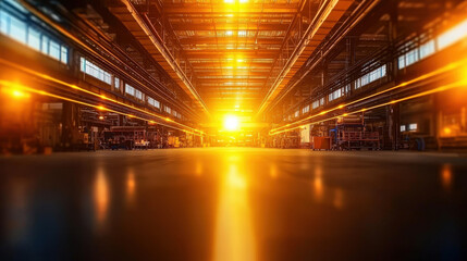 vibrant industrial scene showcasing factory interior illuminated by stunning sunset. warm light creates dynamic atmosphere, highlighting machinery and equipment
