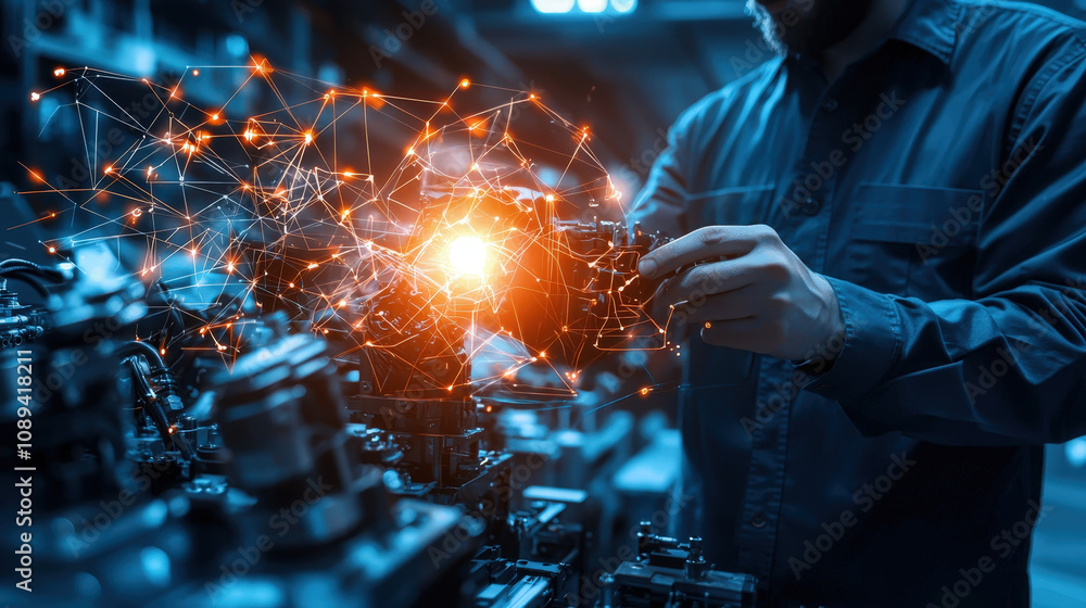 Poster engineers overseeing ai driven industrial technology in modern workshop, showcasing innovation and p