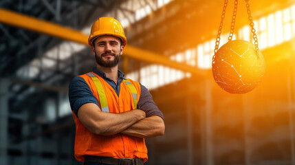 confident construction worker in orange vest and hard hat stands in industrial setting, overseeing operations with digital wrecking ball in background