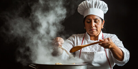 Hispanic woman chef wearing a white hat and apron, holding a wooden spoon while standing over a steaming stovetop.
