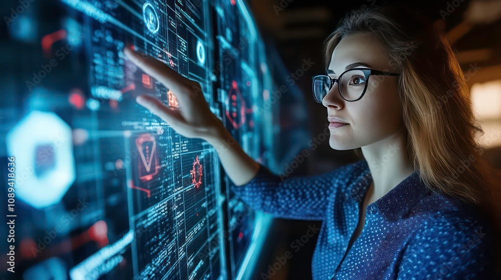 Poster A cybersecurity expert monitors network traffic on a large-screen computer utilizing information technology and technology.