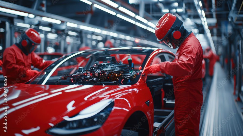 Poster robotic precision and efficiency in modern automotive factory setting. workers in red suits assemble