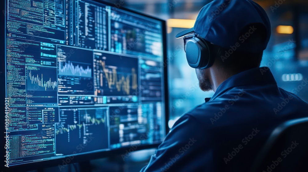 Leinwandbilder a man in a blue shirt and cap sits in front of a large computer screen displaying data and code, wea