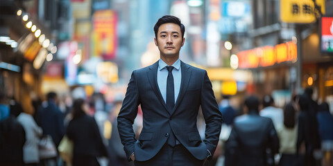 Fototapeta premium Asian man in suit, tie loose, hands in pockets, walking purposefully through a bustling city street.