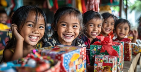 A joyful gathering of children smiling with colorful gift boxes during a festive celebration.